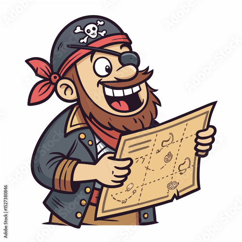 Create a bold, vector illustration of a fierce pirate, confidently holding a treasure chest, with thick black outlines and vibrant colors.