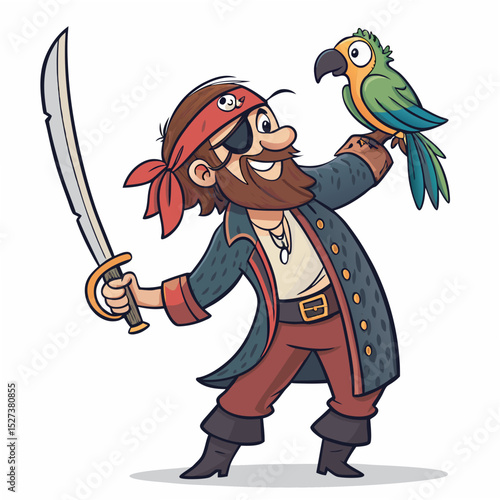 Create a vector illustration of a bold-stroked pirate, fiercely holding a sword, in a dynamic pose.