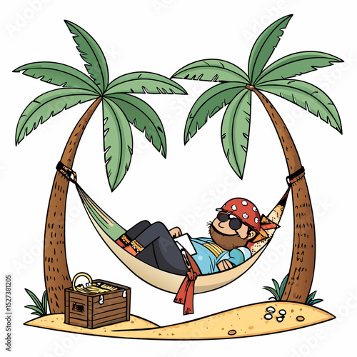 Create a bold, vector illustration of a pirate relaxing in a hammock, thick outlines, detailed clothing, tropical setting.