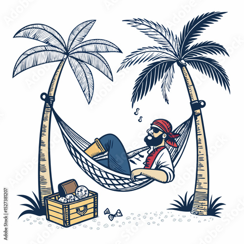 Create a bold vector illustration of a pirate relaxing in a hammock, thick black outlines, detailed clothing and scenery.