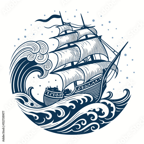 Create a bold, vector illustration of a pirate ship sailing in a stormy sea.  Include dramatic waves and dark skies.