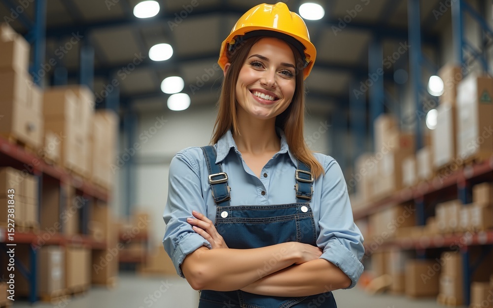 Female warehouse worker smiling with crossed arms. High quality Female warehouse worker smiling with crossed arms. High quality
