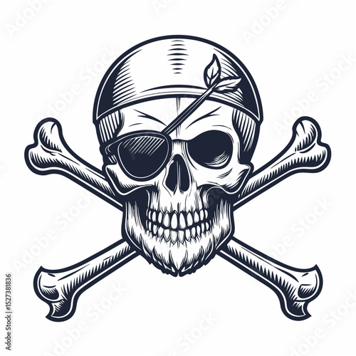 Design a bold, vector illustration of a pirate skull with a prominent "C" incorporated into the design.  Ensure strong, clean lines and a striking visual impact.