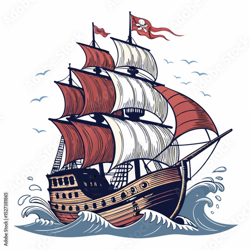Create a bold, vector illustration of a pirate ship with waves, emphasizing strong black strokes and a detailed, dramatic style.