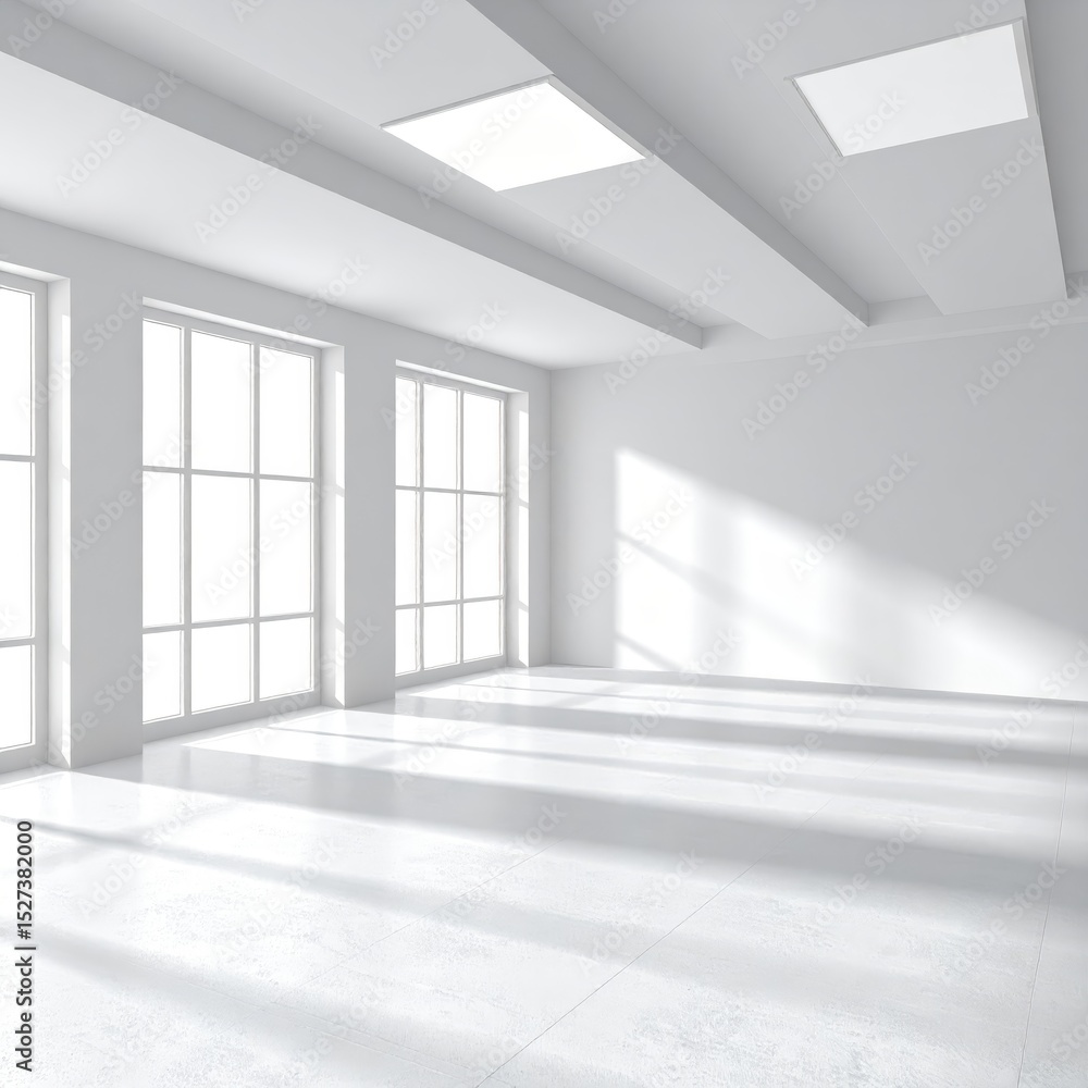 3D render of an empty modern architectural space with large windows 3D render of an empty modern architectural space with large windows