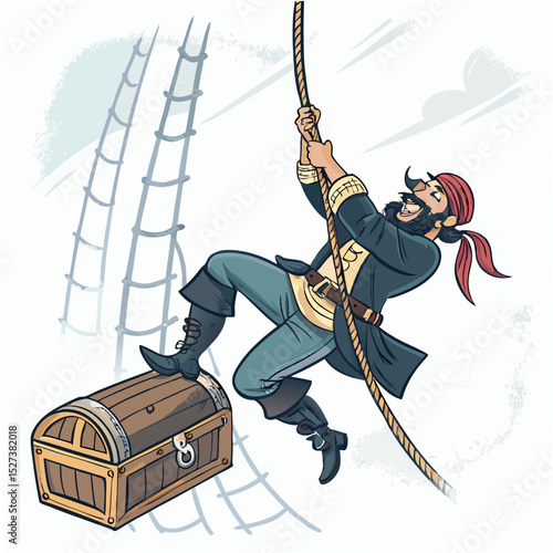 Create a bold, vector illustration of a fierce pirate swinging on a rope, with dramatic action lines.
