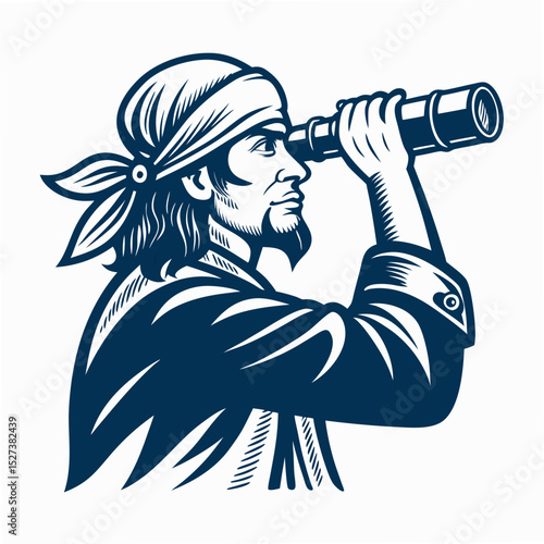 Create a vector illustration of a bold, heavily outlined pirate with a monocle, showcasing a fierce expression.  Include detailed clothing and a weathered, rugged look.