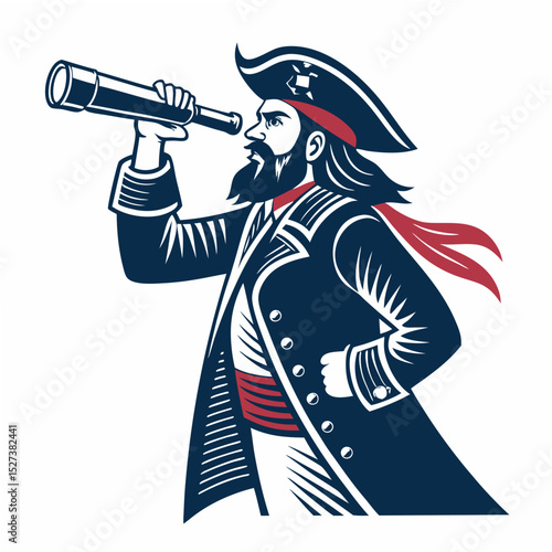 Create a bold, vector illustration of a fierce pirate with a monocle, emphasizing strong lines and impactful design.