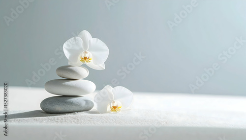 Stacked stones and white orchids on a white surface against a light blue background.