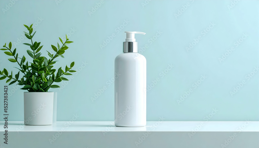 White bottle and potted plant sit on a shelf against a blue background. White bottle and potted plant sit on a shelf against a blue background.
