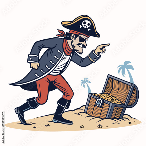 Create a bold vector illustration of a sly, sneaky pirate, emphasizing a thick, dark outline.  Include a mischievous expression.