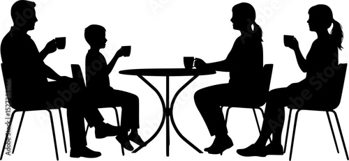 Black silhouettes of people sitting at table eating and drinking vector  