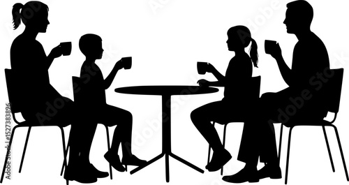 Black silhouettes of people sitting at table eating and drinking vector  
