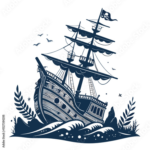 Create a vector illustration of a bold, black stroke-style sunken pirate ship, emphasizing details like cannons and rigging.  Include dramatic lighting effects.