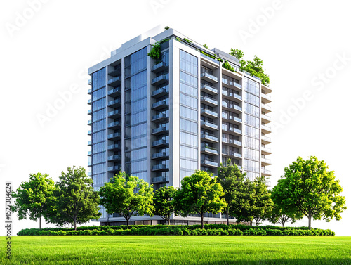 High-rise building, transparent PNG background with green grass and trees, architectural design 