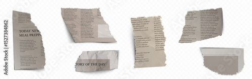 Torn newspaper scrapbook collage set - old ripped pages with text, vintage damaged sheet scraps on white background. Retro grunge paper clippings, aged news fragments for scrapbooking design.