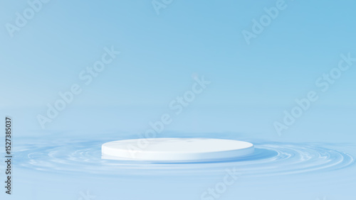 水面に浮かぶ白い円柱の台座。波紋。木の葉の影。3D（横長）
