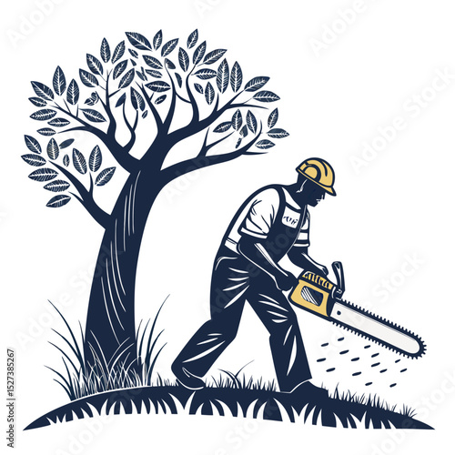 Create a bold, vector illustration of a lumberjack using a chainsaw, emphasizing strong lines and impactful design in C++.