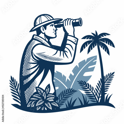 Create a bold vector illustration of a wildlife biologist in the field, emphasizing strong lines and impactful design.