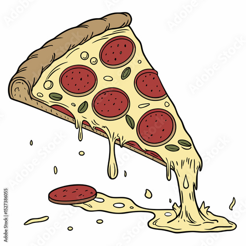 Vector Illustration of a Pepperoni Pizza Slice with Melting Cheese in Flat Style