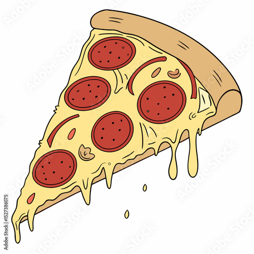 Vector Illustration of a Pepperoni Pizza Slice with Melting Cheese in Flat Style