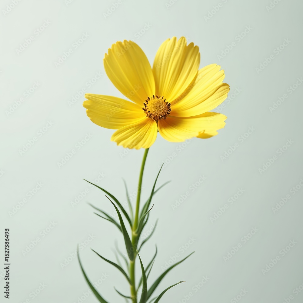 Obraz premium Single yellow cosmos flower. Green stem, light background. Isolated floral bloom. Close-up shot showcases delicate beauty. Spring, summer, garden themes. Minimalism, natural style.