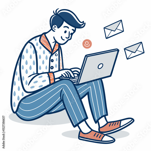 Create a bold vector illustration of a freelancer working in pajamas, emphasizing comfort and productivity.