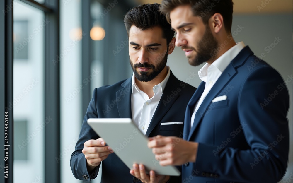 Focused businesspeople with tablet discussing report at corporate office. High quality Focused businesspeople with tablet discussing report at corporate office. High quality