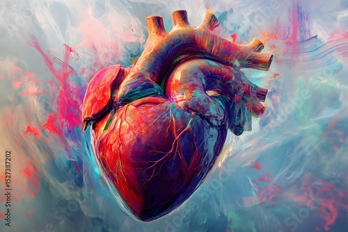 Vibrant Artistic Representation of a Human Heart with Abstract Colorful Background