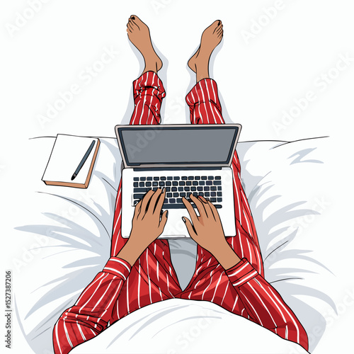 Create a bold vector illustration of stylized legs on a bed using a laptop.  Focus on strong outlines and impactful design.