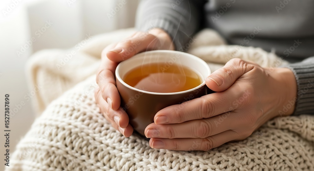 Cozy Comfort Woman's Hands Warming Up with a Cup of Tea Cozy Comfort Woman's Hands Warming Up with a Cup of Tea