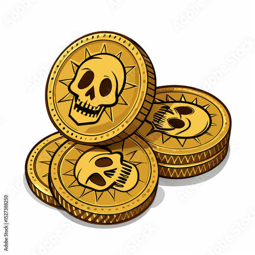 Create a vector illustration of bold, gold pirate coins with thick black outlines, suitable for a logo or emblem.  High contrast, detailed texture.