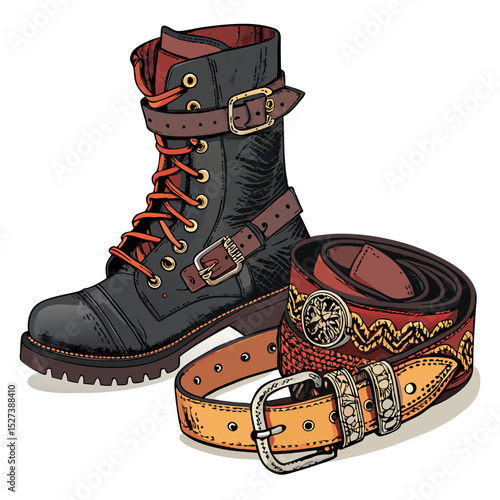 Create a vector illustration of bold-stroked pirate boots and a belt, emphasizing detailed buckles and stitching.  Include high contrast and clean lines.