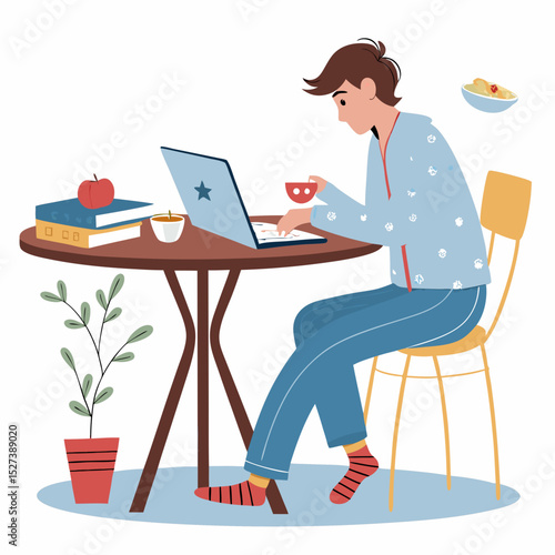 Create a bold, vector illustration of a student wearing pajamas, working diligently.  Focus on clean lines and a strong silhouette.