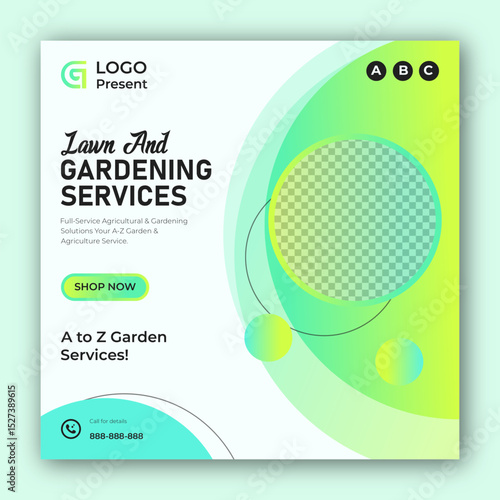 Lawn and gardening services social media post design template and web banner design template