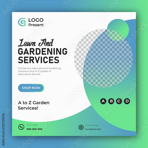Lawn and gardening services social media post design template and web banner design template