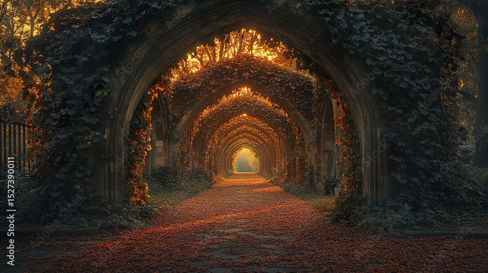 Fototapeta premium serene pathway lined with ivy draped archways, illuminated by golden hour light