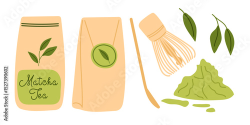Matcha tea preparation with packaging, whisk, and leaves arranged in a creative layout