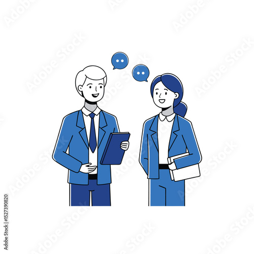 Business people having a conversation with speech bubbles in blue color scheme
