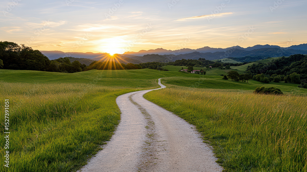 Winding road leads through lush green fields toward stunning sunset over distant mountains Winding road leads through lush green fields toward stunning sunset over distant mountains