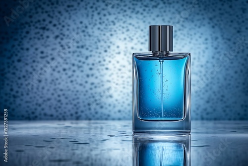 Elegance captured in a blue perfume bottle with a textured background