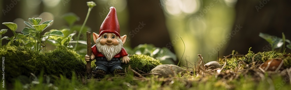 Obraz premium A charming garden gnome stands amongst mossy foliage in a dark forest setting, holding a small stick.