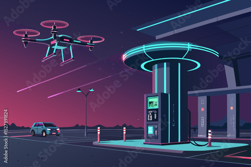 Futuristic vertical drone charging station; sleek design, multiple drones docking simultaneously, glowing LEDs, metallic textures.