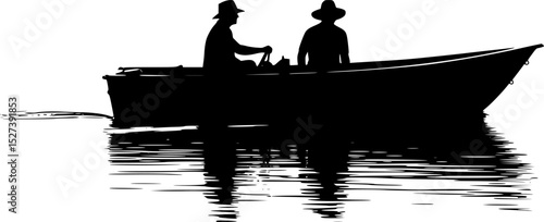 ilhouette of two people seated in a boat on calm water