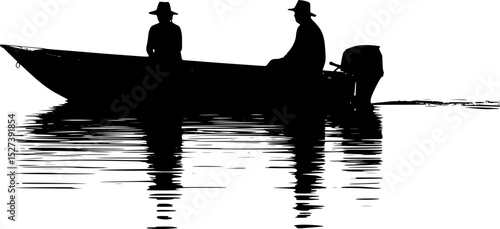 ilhouette of two people seated in a boat on calm water