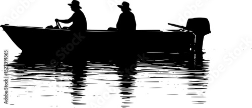 ilhouette of two people seated in a boat on calm water