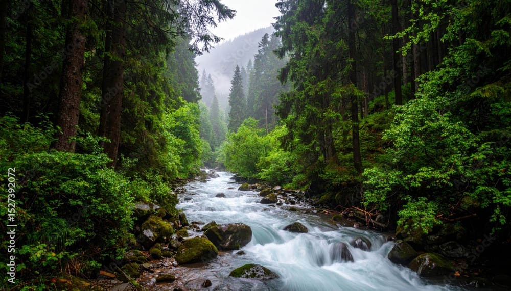 Fototapeta premium wilderness forest river in the mist
