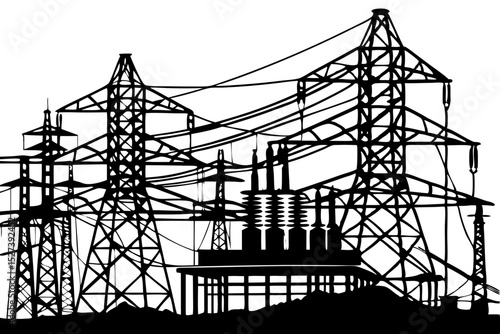 Envision another silhouette of a power station, featuring detailed electrical towers and a complex network of wires and transformers