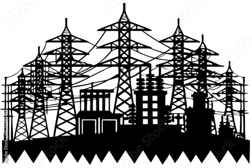 Envision another silhouette of a power station, featuring detailed electrical towers and a complex network of wires and transformers