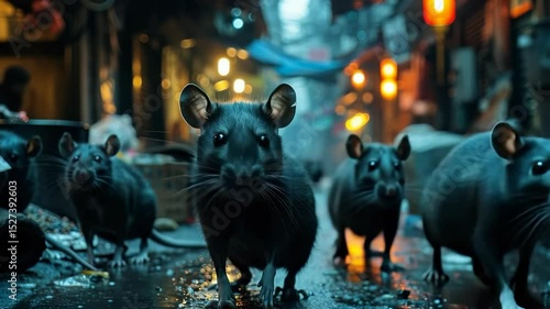 Sleek rats scurry through a dim urban alley, illuminated by streetlights as they search for food scraps among discarded trash